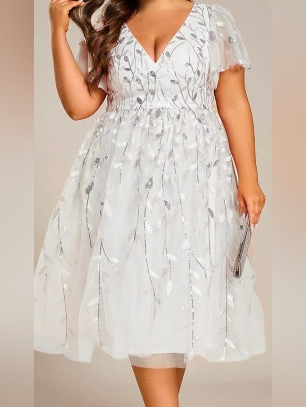 Embellished White Leaf A-Line Dress With A Delicate Touch Of Sequines